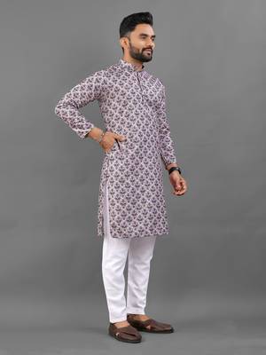 Purple rayon crochet printed kurta for men 3