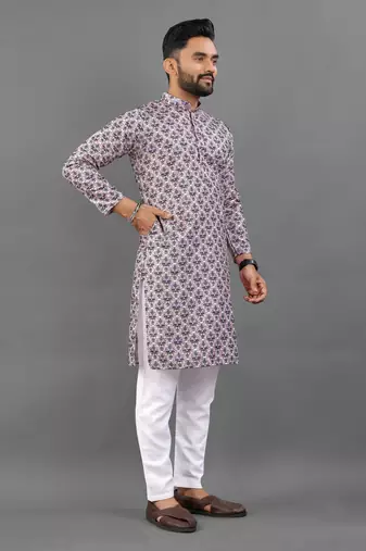 Purple rayon crochet printed kurta for men