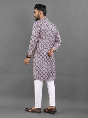 Purple rayon crochet printed kurta for men 4