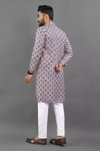 Purple rayon crochet printed kurta for men