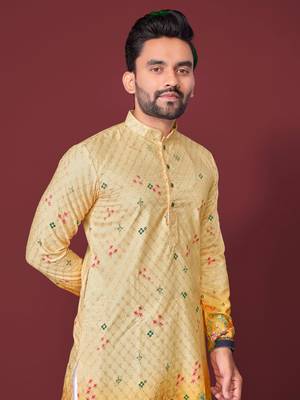 Yellow poly rayon crochet printed kurta for men 5