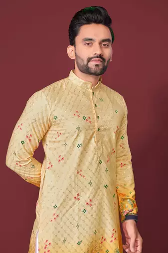Yellow poly rayon crochet printed kurta for men