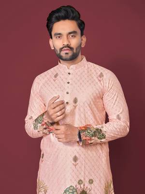 Peach poly rayon crochet printed kurta for men 5