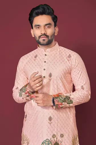 Peach poly rayon crochet printed kurta for men