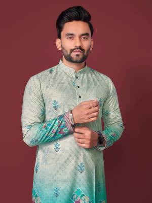 Mint green rayon crochet printed kurta for men 5