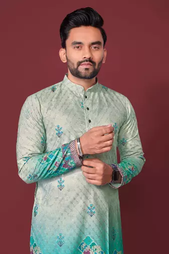 Mint green rayon crochet printed kurta for men