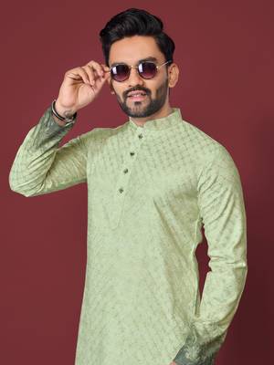 Green poly rayon crochet printed kurta for men 5