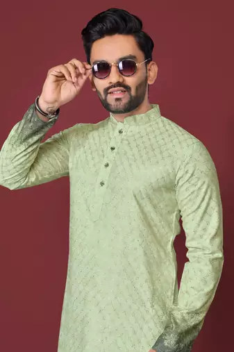 Green poly rayon crochet printed kurta for men