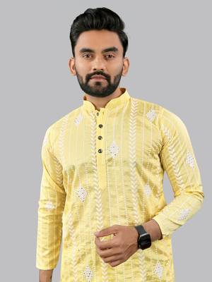 Yellow embroidery silk kurta for men 5