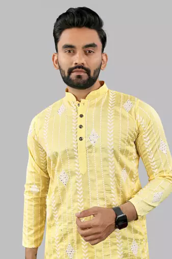 Yellow embroidery silk kurta for men