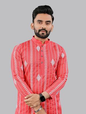 Pink embroidery silk kurta for men 5