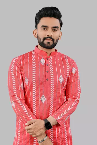 Pink embroidery silk kurta for men