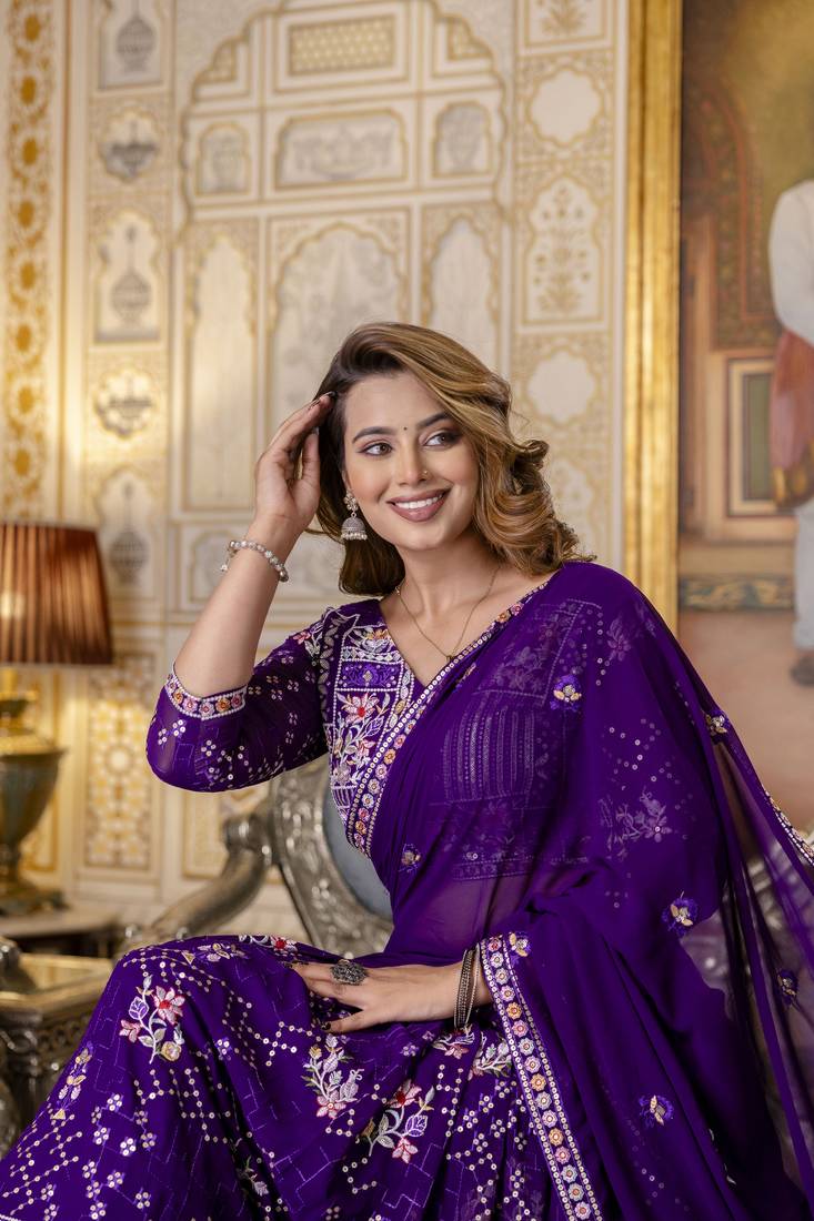 purple Sequin Thread embroidered Georgette Lehenga dress