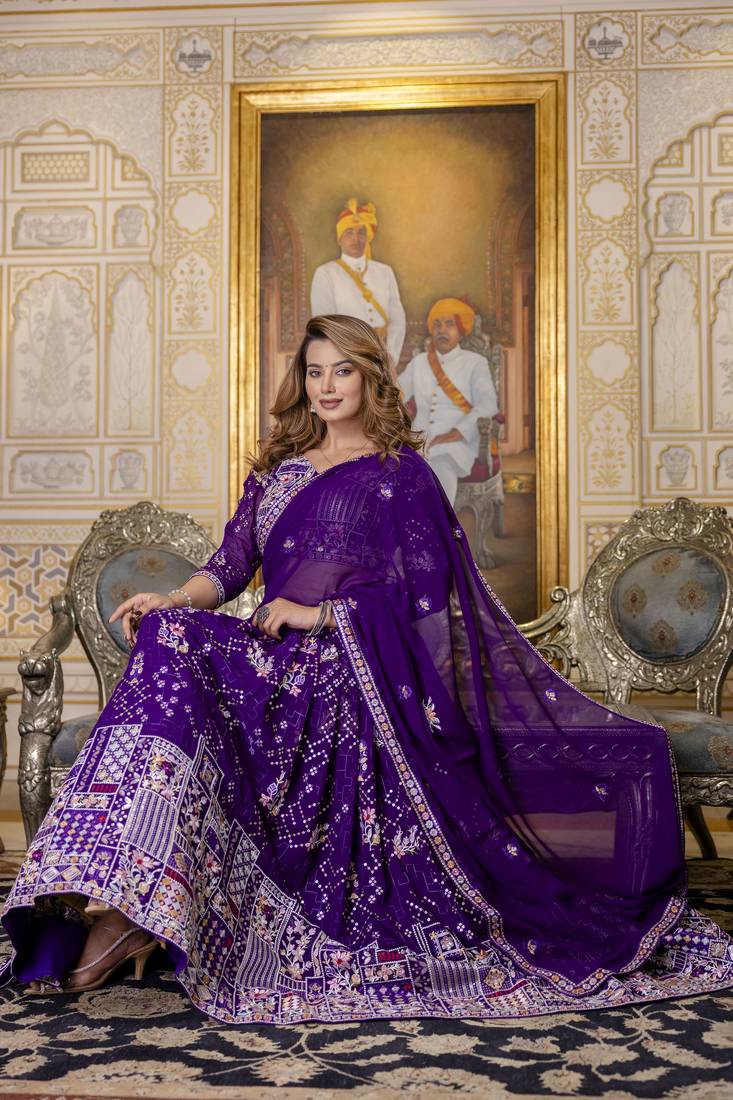 purple Sequin Thread embroidered Georgette Lehenga dress