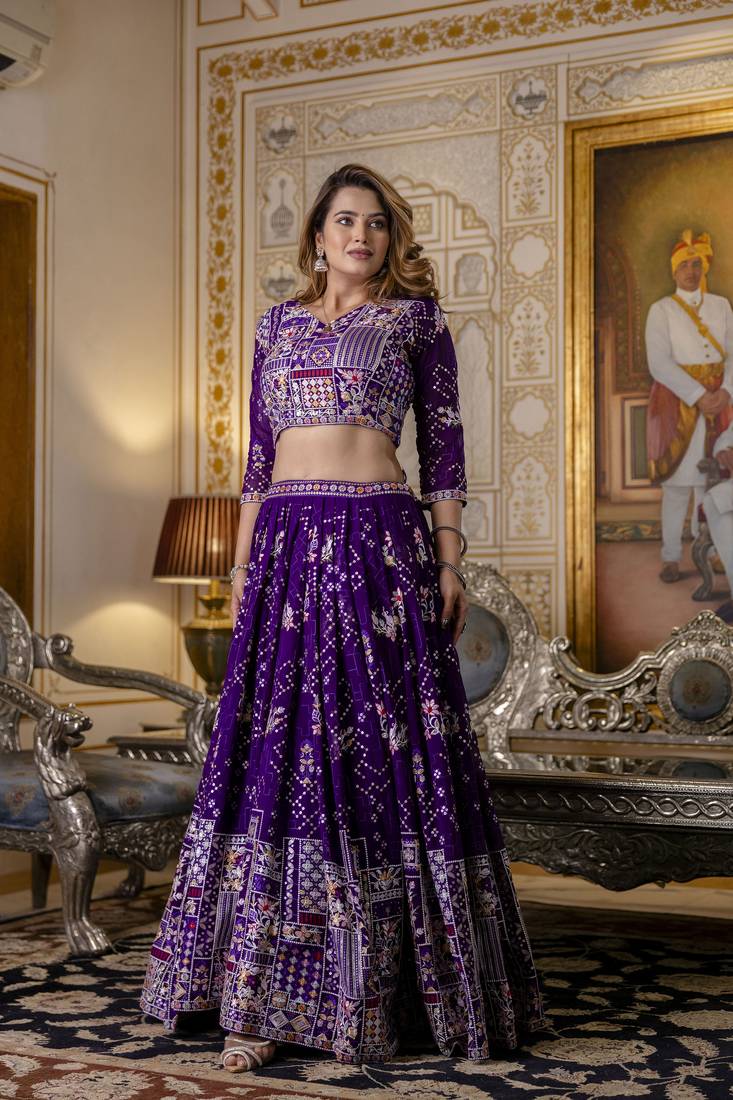 purple Sequin Thread embroidered Georgette Lehenga dress