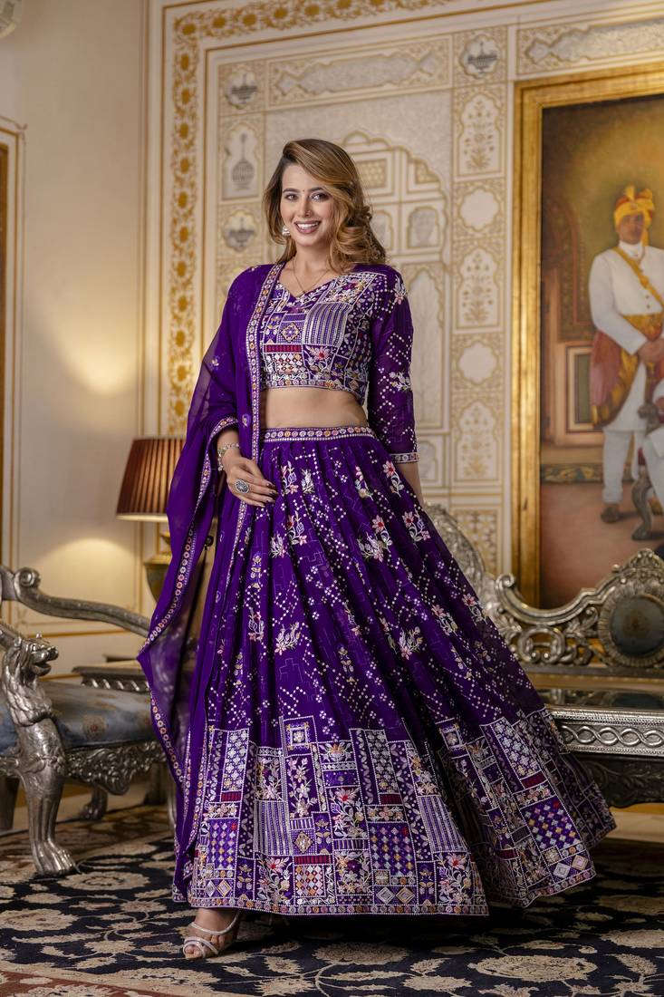 purple Sequin Thread embroidered Georgette Lehenga dress
