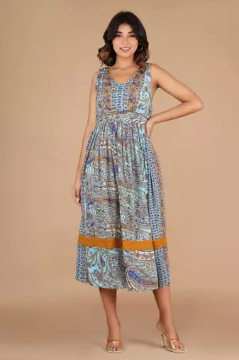Sky-blue printed linen blend kerry printed long dresses