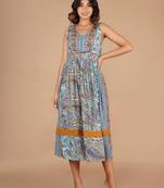 Sky-blue printed linen blend kerry printed long dresses