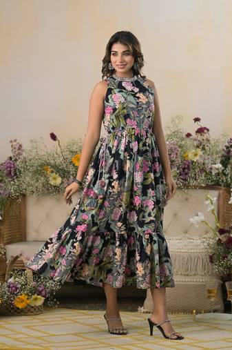 Black printed cotton trinity jade midi dresses