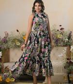 Black printed cotton trinity jade midi dresses