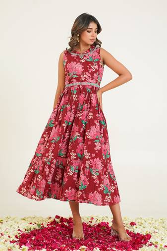 Maroon printed cotton trinity vermi midi dresses