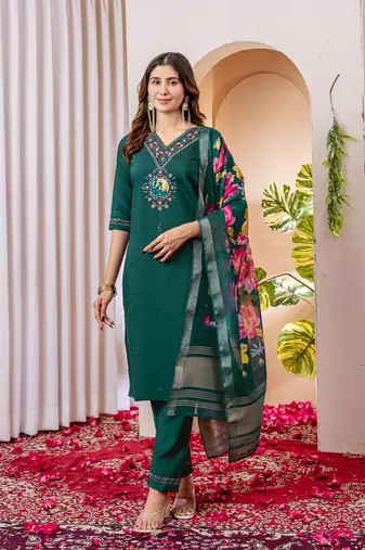 Teal colour embroidered work roman silk Kurta set for women