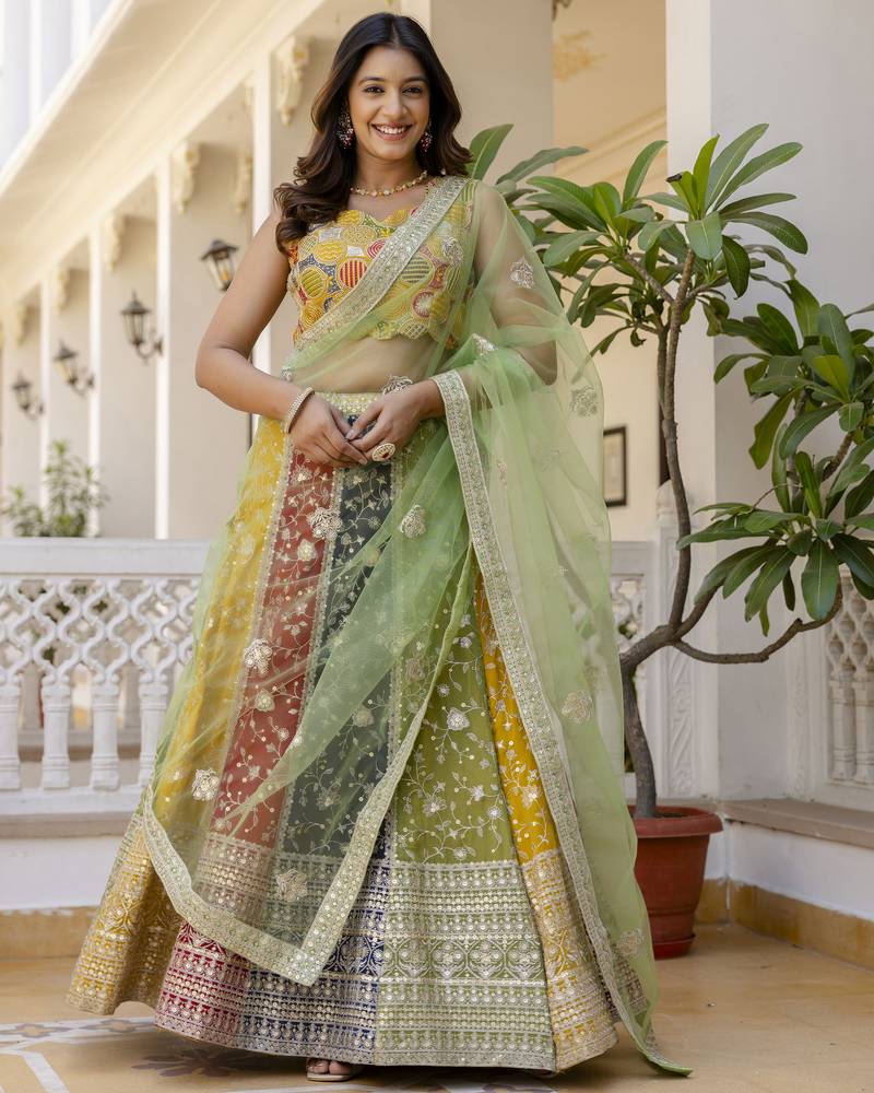 Multicolored Sequins and thread Embroidered Georgette lehenga choli