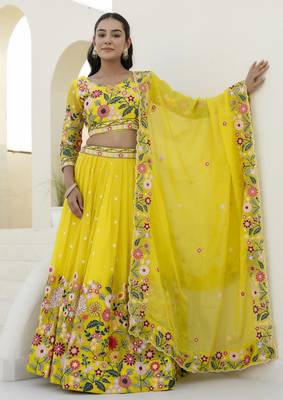 Yellow Thread And Sequins Embroidered Organza lehenga dress 1