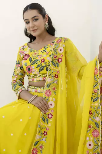 Yellow Thread And Sequins Embroidered Organza lehenga dress