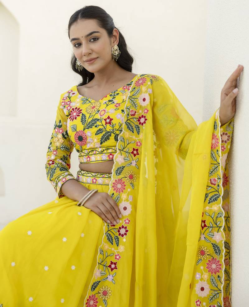 Yellow Thread And Sequins Embroidered Organza lehenga dress