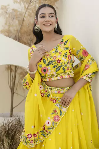 Yellow Thread And Sequins Embroidered Organza lehenga dress