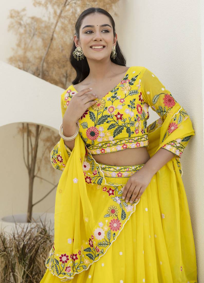 Yellow Thread And Sequins Embroidered Organza lehenga dress