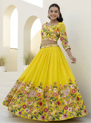 Yellow Thread And Sequins Embroidered Organza lehenga dress 5