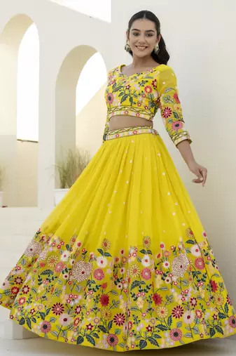 Yellow Thread And Sequins Embroidered Organza lehenga dress