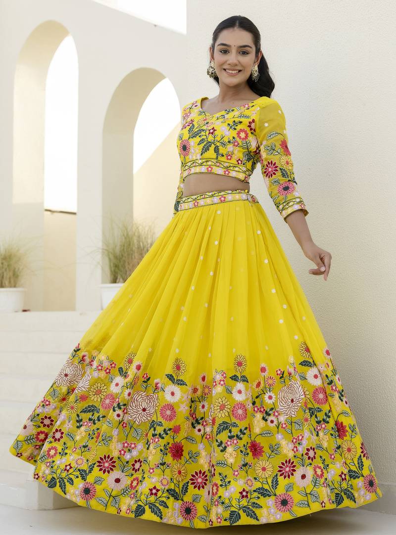 Yellow Thread And Sequins Embroidered Organza lehenga dress