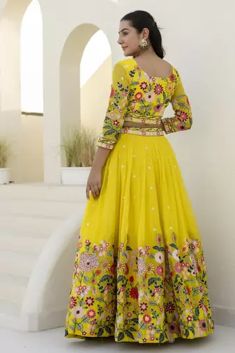 Yellow Thread And Sequins Embroidered Organza lehenga dress