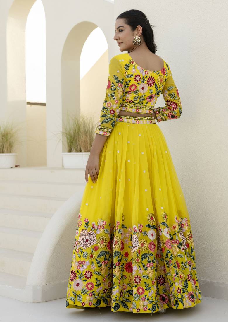 Yellow Thread And Sequins Embroidered Organza lehenga dress