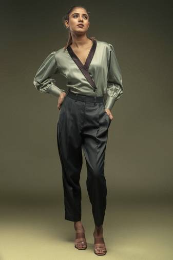 Pastel green shawl collar shirt