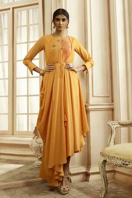 yellow embroidery zari and diamond work cotton straight kurti 1