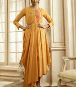 yellow embroidery zari and diamond work cotton straight kurti