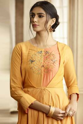 yellow embroidery zari and diamond work cotton straight kurti 2