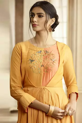 yellow embroidery zari and diamond work cotton straight kurti