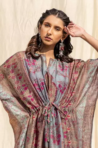 Multi digital print art silk kafftan style kurti-stitched