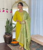  Chanderi Viscose Embroidered Straight Kurta with Pant And Dupatta Set
