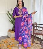 Women's Beautiful Roman Silk Embroidered Straight Kurta with Pant And Dupatta Set