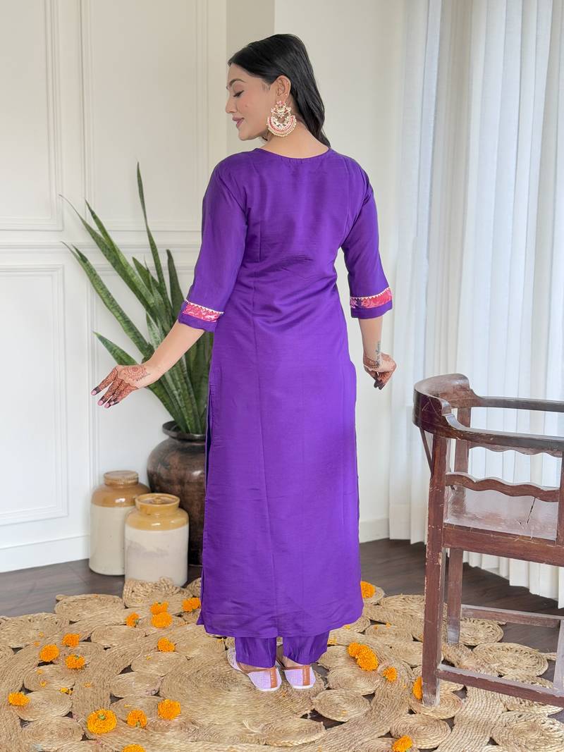 Women's Beautiful Roman Silk Embroidered Straight Kurta with Pant And Dupatta Set
