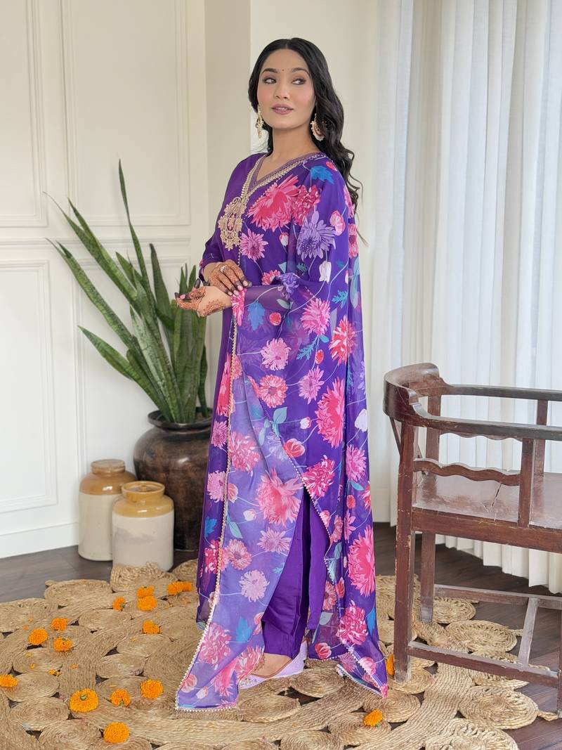 Women's Beautiful Roman Silk Embroidered Straight Kurta with Pant And Dupatta Set