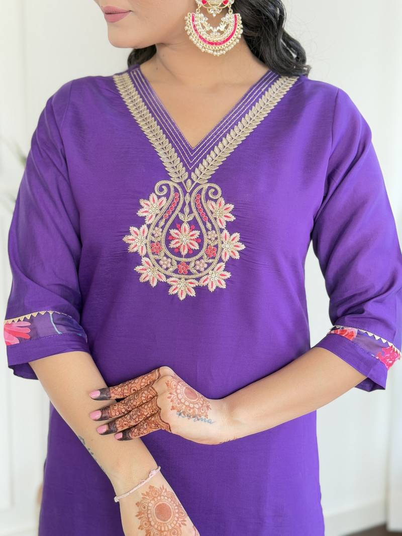 Women's Beautiful Roman Silk Embroidered Straight Kurta with Pant And Dupatta Set