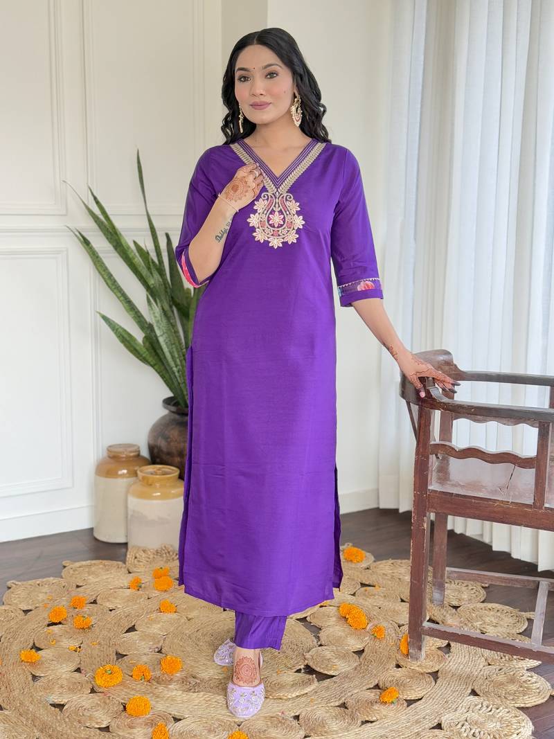 Women's Beautiful Roman Silk Embroidered Straight Kurta with Pant And Dupatta Set