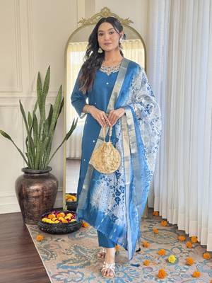  Roman Silk Embroidered Straight Kurta with Pant And Dupatta Set 1
